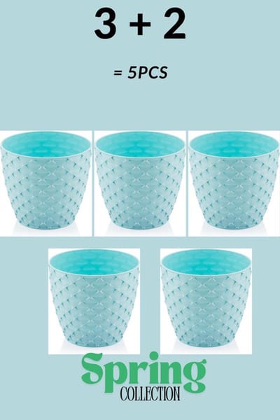 3+2 - Bloempotten - rond licht blauw met afwatering en wateropvang - 5 ronde blauwe sierpotten