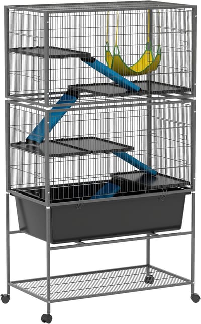 PawHut Kleintierkäfig, Nagerkäfig Frettchenkäfig mit ausziehbarem Tablett Mäusekäfig mit Rampen, Hängematte, Rollen, Ablage, Käfig mit Zubehör für Eichhörnchen, Zwerghamster, Chinchilla Dunkelgrau
