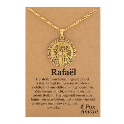 Beschermengel Rafaël Ketting op Cadeau Kaartje - Goudkleurig - Aartsengel Talisman / Medalion - Stainless Steel Engelen Hanger - 60cm