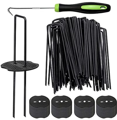 50 stuks zwarte landschapsnietjes en bufferwasmachine - Heavy Duty U-vormige gazonpennen voor tuinprojecten