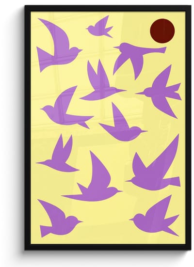 Poster in lijst - Fotolijst 60x90 cm - Posters - Vogels - Cirkel - Geel - Beweging - Posterlijst zwart - Decoratie - Wanddecoratie woonkamer - Muurdecoratie slaapkamer