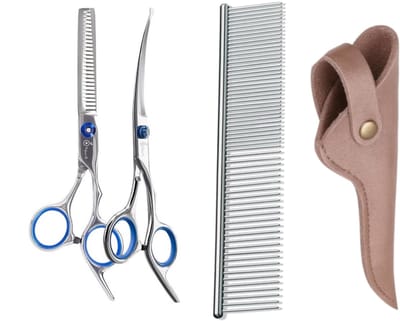Professor Q Combo – Professionele Scharenset voor Honden – Uitdunschaar + Up Gebogen Trimschaar – RVS – Ergonomisch met Luxe Lederen Etui – 16,5 cm – Brons + Anti-Klit Kam – Pijnloos & Huisdiervriendelijk