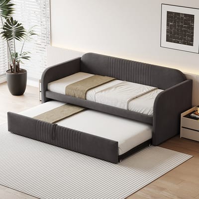 KOMHTOM Slaapbank Uitschuifbare Bedbank 90/180x190 cm met verticale strepen met lattenbodem linnen stof grijs