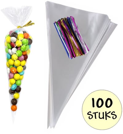 100x Cellofaan Puntzakken 25x13 cm - 100 Stuks Puntzak Doorzichtig - Traktatie Zak - Uitdeelzak - Snoepzak - Inclusief Sluitstrips Mix - 13x25 cm - 100 Stuks