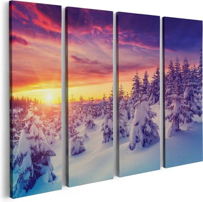 Artaza Canvas Schilderij Vierluik Zonsondergang In Het Sneeuw Bos  - 80x60 - Foto Op Canvas - Canvas Print