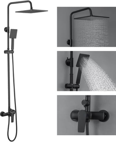 Auralum Max Douchesysteem - Met Douchekranen - Compleet Doucheset - Regendoucheset - 10 inch Douchekop - Vierkant Design - Verstelbare Hoogte 93 -130 cm - Zwart