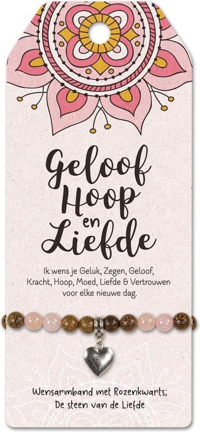 Armband - Geloof Hoop Liefde - Rozenkwarts - op cadeaukaart