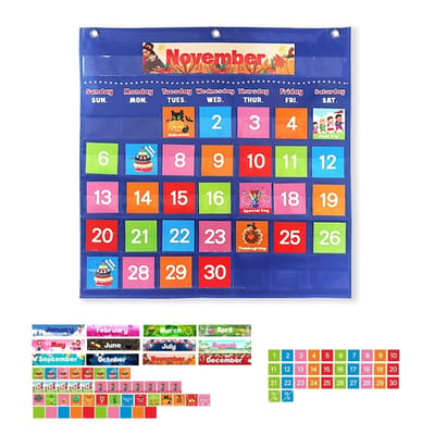 Cosensi - Dailygoods - Dailygoody - Kalender Pocket Chart - Activiteitenplanner - Praktisch voor Onderwijs - 37,5 x 25,5 cm - Kinderen - Inclusief 88 Kaarten