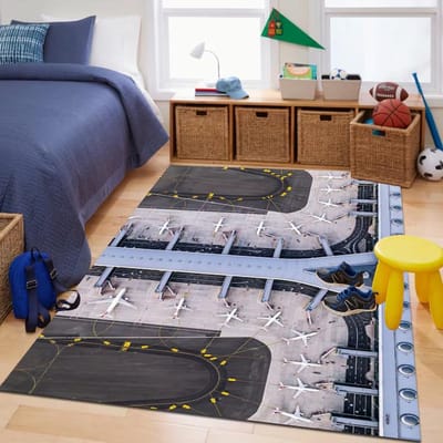 Vliegtuig Luchthaven Terminal Vloerkleed Realistische Startbaan Speelmat Luchtvaart Thema Tapijt voor Kinderkamer of Speelkamer Decor 80x120cm