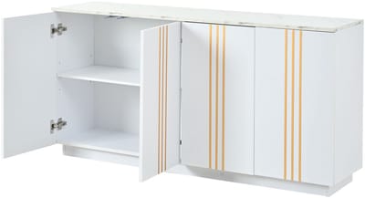 HAUSS SPOLE Dressoir - Opbergkast Met 4 Deuren En Verstelbare Indeling - Voor Woonkamer En Hal - Spaanplaat - 140x35x70 Cm - Wit Goud