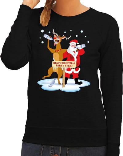 Bellatio Decorations Foute kersttrui - sweater - dronken kerstman en rendier Rudolf - na kerstborrel - zwart - voor dames - Kersttruien XS