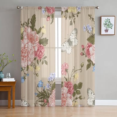 Bloemenboeket van Kleurrijke Bloemen Chiffon Transparante Gordijnen voor Woonkamer Slaapkamer Keuken Decoratie Raam Voiles Tule Gordijn 135W x 114H(cm) gray