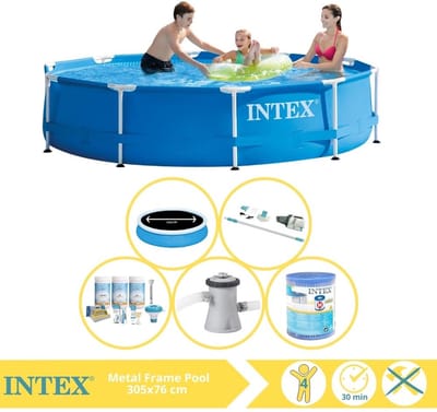 Intex Rond Frame Zwembad - 305 x 76 cm - Blauw - Inclusief Solarzeil - Onderhoudspakket - Zwembadfilterpomp - Filter - Stofzuiger - 6-delig