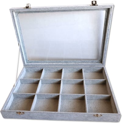 Ilènne - Sieradendoos - 12 vakken - Grijs velours - met deksel - 35x24x5 cm
