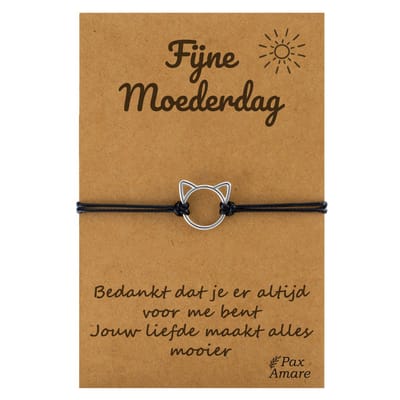Pax Amare Armbandje met Schattig Katje "Fijne Moederdag" - Vriendschapsarmbandje Cadeau - BFF Armband Cadeau - Zwart & Zilverkleurig