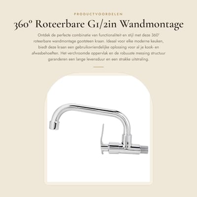 Dailygoods- Gootsteenkraan 360° Roteerbaar - Wandmontage - Enkele Koudwaterkraan - Ergonomisch Handvat - Messing/Roestvrij Staal - Corrosiebestendig - Keukenkraan