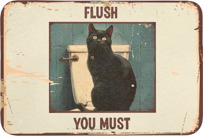 Badmat 90x60 cm - Antislip - Kat - Vintage - Zwart - Quote - Flush you must - Badmatten voor badkamer - Badkamermat - Douchemat - Badkamer mat