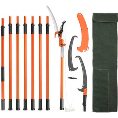 VEVOR handbediende stokzaag, 2,2–8,2 m uitschuifbare boomschaar, scherp stalen blad en schaar, hoge takken, takkensnijder met lichtgewicht glasvezel handgrepen, voor het snoeien van palmbomen en struiken.