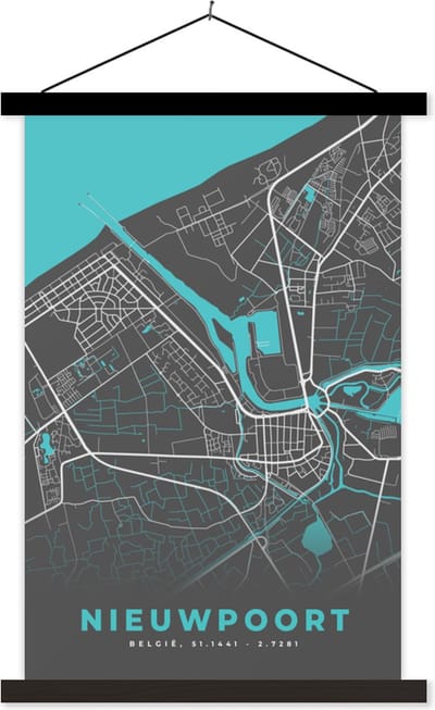 Posterhanger incl. Poster 40x60 cm - Schoolplaat - België – Nieuwpoort – Stadskaart – Kaart – Blauw – Plattegrond - Textielposter - Zwarte latten - Stadskaart