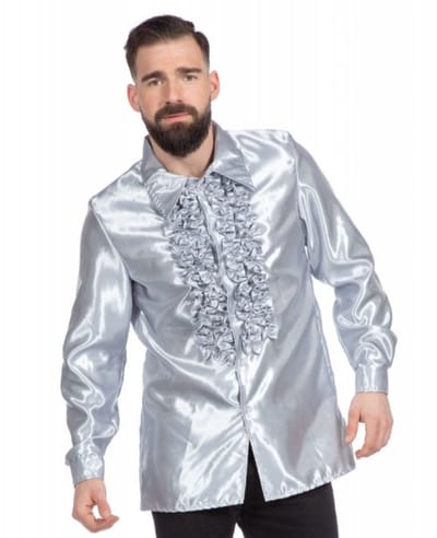 Jaren 80 & 90 Kostuum | Zilveren Ruchesblouse Satijn Foute Disco | Maat 48 | Carnaval kostuum | Verkleedkleding