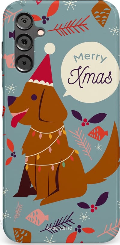 Casetastic hoesje geschikt voor Samsung Galaxy A14 (2023) 5G / Samsung Galaxy A14 (2023) 4G - Dubbellaagse bescherming - Merry Christmas Hond - Fashion Case - Zilver Bruin Saliegroen Rood