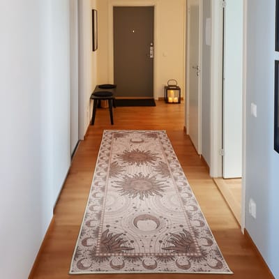 ABAKUHAUS Decoratief vloerkleed met zon en maan, hoogwaardig vloerkleed voor slaapkamer en woonkamer, 76x229 cm, chocoladebruin