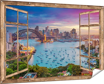 Gards Tuinposter Doorkijk Sydney Harbour Bridge in de Avond - 180x120 cm - Tuindoek - Tuindecoratie - Wanddecoratie buiten - Tuinschilderij