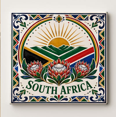 Zuid-Afrika Decoratieve Tegel – Protea Bloem Design met Bergzonsopgang en Vlagkleuren – Keramische Souvenir Cadeautegel