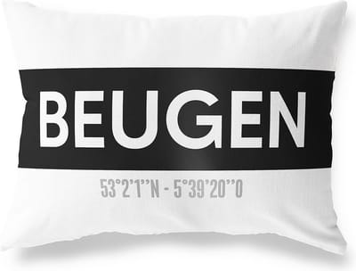 Tuinkussen BEUGEN - NOORD-BRABANT met coördinaten - Buitenkussen - Bootkussen - Weerbestendig - Jouw Plaats - Studio216 - Modern - Zwart-Wit - 50x30cm