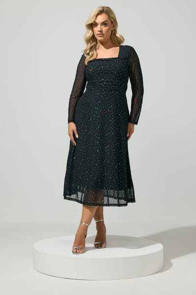 Yours London Zwarte Mesh Maxijurk Met Pailletten Size 42