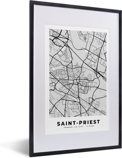 Fotolijst incl. Poster - Frankrijk – Saint-Priest – Stadskaart – Plattegrond – Kaart - 40x60 cm - Posterlijst