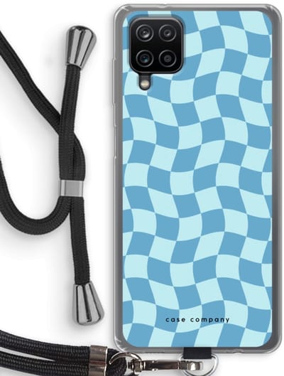 Case Company® - Hoesje met koord geschikt voor Samsung Galaxy A12 hoesje met Koord - Grid Blauw - Telefoonhoesje met Zwart Koord - Bescherming aan alle Kanten en Over de Schermrand