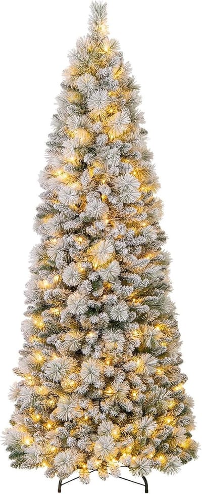 COSTWAY 210 cm kunstkerstboom met verlichting, pop-up dennenboom met 200 warmwitte ledlampen en 680 takpunten, gevlokte kerstboom, kunstboom voor thuis, bedrijf en kantoor