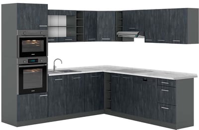 Vicco Hoekkeuken R-Line, Zwart beton/Antraciet, 247 x 237 cm WB Marmer