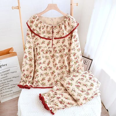 Dames Pyjamaset Lente en Herfst Lange Mouwen Bloemenprint Damespyjama Dames Zoete Pyjamaset XL beige