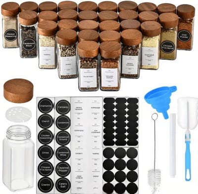 Dutchers® 12 Glazen kruiden potjes met bamboe deksel - incl trechter en stickers - Complete set - Kruidenpotjes met sticker - Keuken organizer - - Geschikt voor kruidenrek - Kruidenpot vierkant