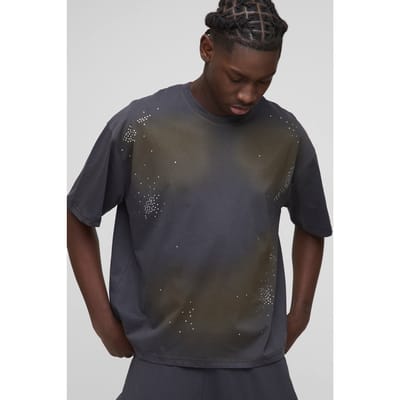 Oversized Boxy Washed Rhinestone T-Shirt | Charcoal | Size Small