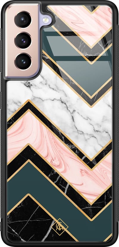 Casimoda® hoesje - Geschikt voor Samsung Galaxy S21 - Marmer Triangles - Luxe Hard Case Zwart - Backcover telefoonhoesje - Multi