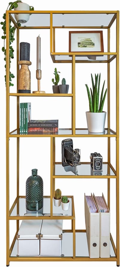 CASAMODA Boekenkast Goud - H180 x B80 x D30 cm - Moderne Wandkast - Stalen Frame - Staande Boekenkast - Vakkenkast - Opbergkast - Draagvermogen 40 kg - Glas en Staal - Goud