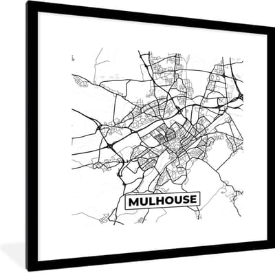 Fotolijst incl. Poster Zwart Wit- Kaart - Plattegrond - Frankrijk - Mulhouse - Stadskaart - Zwart wit - 40x40 cm - Posterlijst