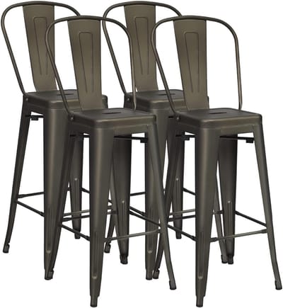 COSTWAY Set van 4 barkrukken, barstoel, vintage stapelbaar, zithoogte 76 cm, barkruk met afneembare rugleuning en voetkussens, bistrostoel, keukenkruk van metaal, tot 150 kg belastbaar