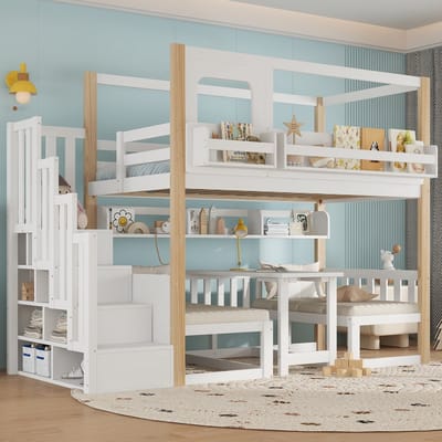 MIVRAY Hoogslaper 90x200 cm Zonder Matras - Met Opklapbaar Bureau en Opbergtrap - Met Boekenrek - Hout - Wit Naturel