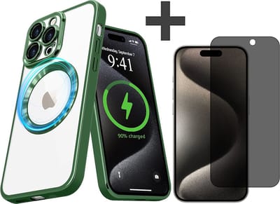 Hoesje met Privacy Screenprotector Geschikt voor iphone 15 Pro Hoesje - Geschikt voor MagSafe - Arara siliconen Backcover - Groen