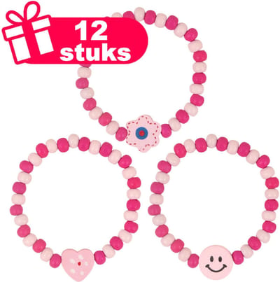 Henbrandt - 12 Stuks Vrolijke Houten Kralenarmbanden - Armbandjes - Traktatie uitdeelcadeautjes voor kinderen & peuters - Traktaties en kinderverjaardagen - Klein grabbelton speelgoed voor in traktatie uitdeelzakjes