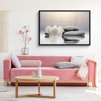 Poster in lijst - Fotolijst 120x80 cm - Posters - Stenen - Lotus - Wit - Water - Zen - Posterlijst zwart - Wanddecoratie badkamer - Muurdecoratie WC - Decoratieve accessoires - Toilet muur decoratie