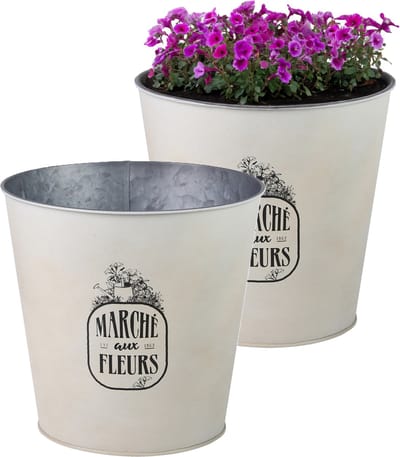 Sunnydays Emmer/plantenpot/bloempot - 2x - zink - ivoorwit - D23 x H22 cm