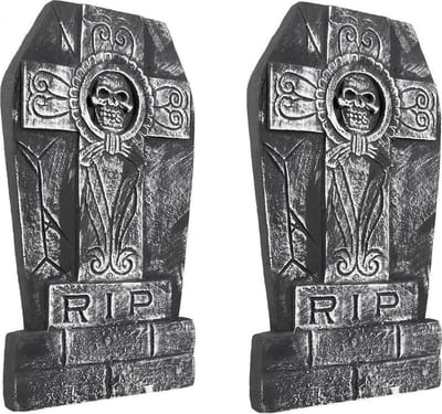 Boland Grafsteen schedel - Set van 2x stuks - 50 x 27 cm - polystyreen - RIP - halloween - horror - kerkhof