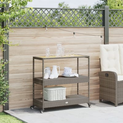 vidaXL - Keukentrolley - 3-laags - poly - rattan - en - massief - acaciahout - grijs