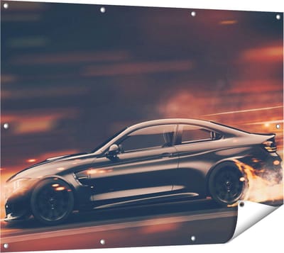 Gards Tuinposter Zwarte Sportwagen Auto met Vlammen - 120x90 cm - Tuindoek - Tuindecoratie - Wanddecoratie buiten - Tuinschilderij
