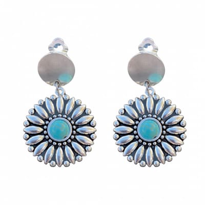 Clip oorbellen -bloem -turquoise- zilverkleur- geen gaatje- Charme Bijoux